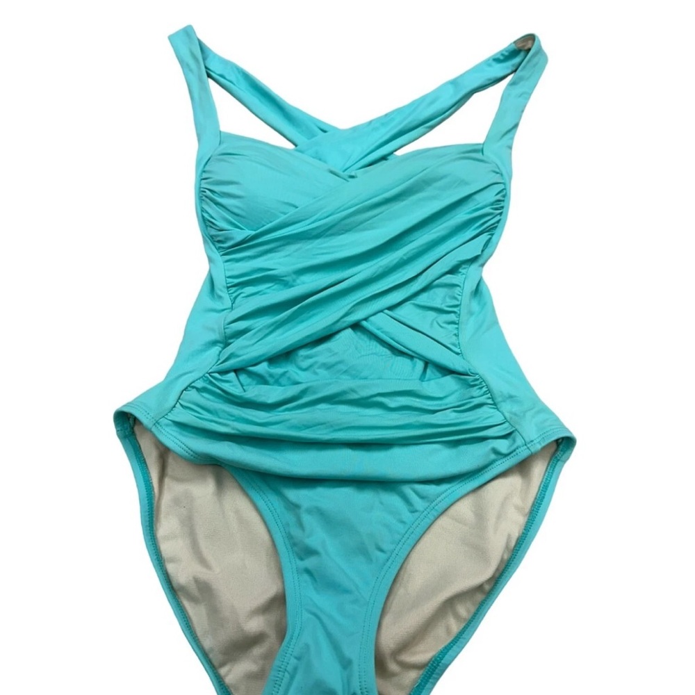 La Blanca Turquoise‎ One Piece Swimsuit slimming ruched size 12